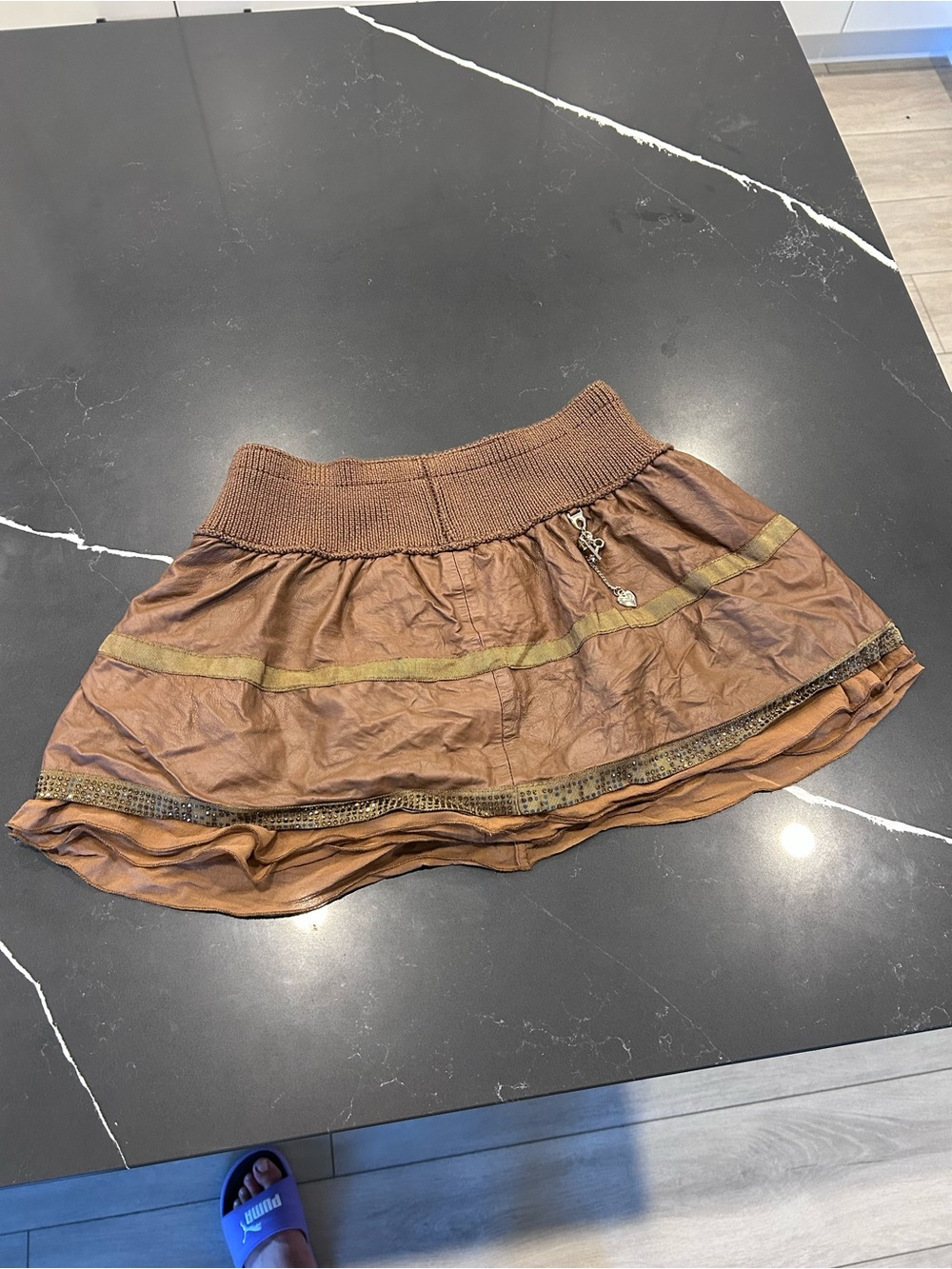 Jin Italy Brown Tiered Mini Skirt Elastic Waist Festival Boho Heart Charm